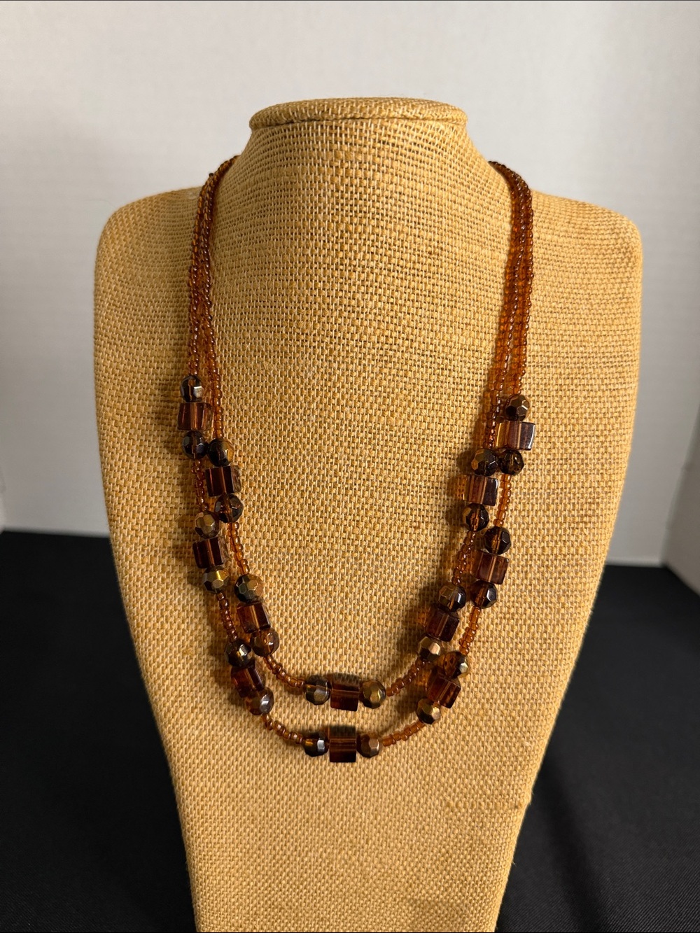 EsMor Necklace - Handcrafted Brown Multi-Strand w/Amber-tone Glass Beads